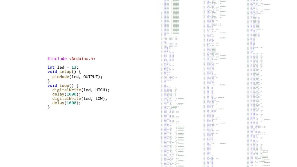 image of an 11 line C program next to the 385 assembly instructions it was converted to